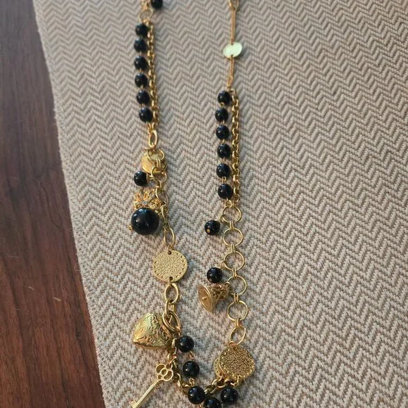 Long gold chain necklace with black beads - Picture 3 of 5